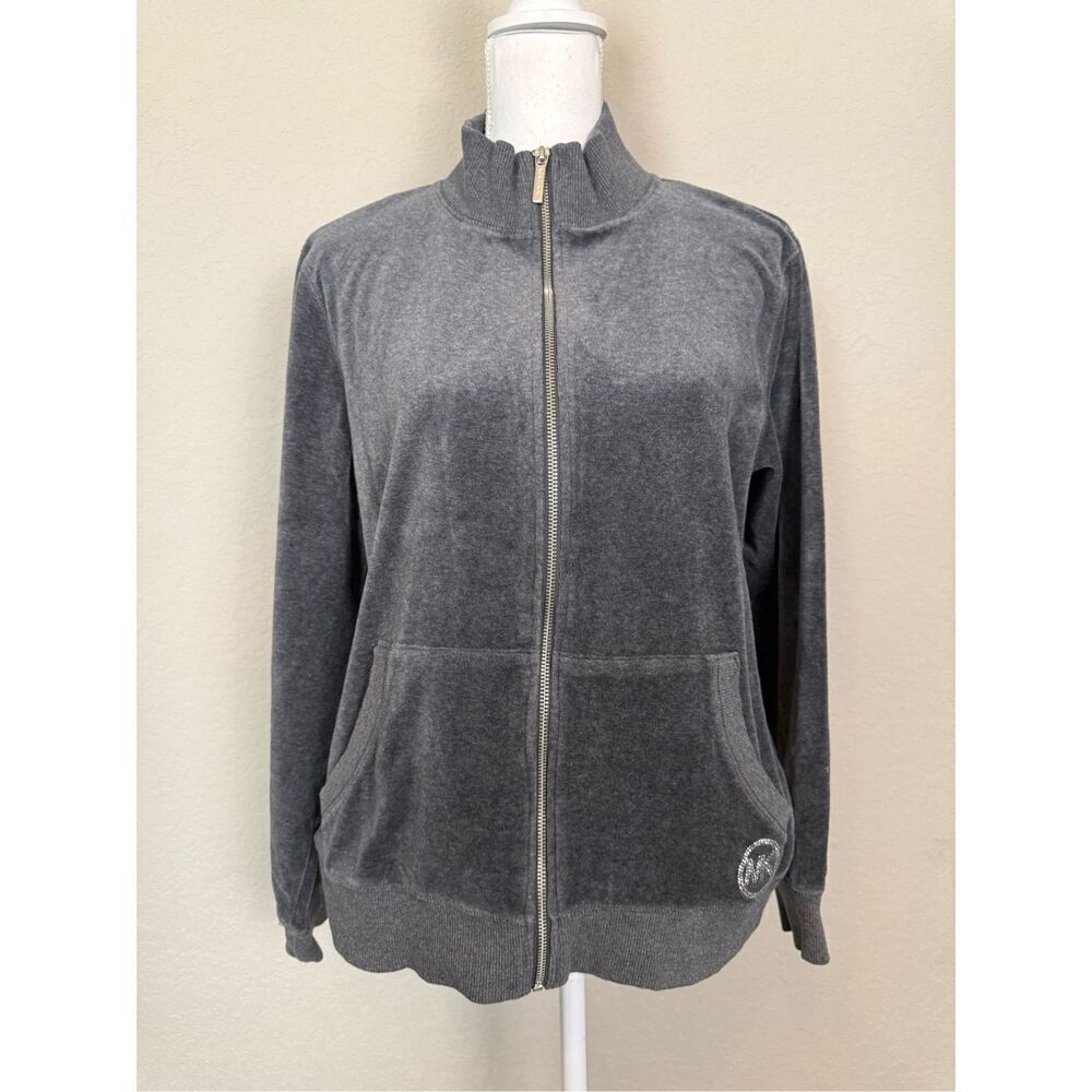 Michael Kors Velour Zip Up Track Jacket Rhinestone XL  navy gray
